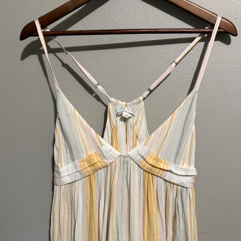 O'Neill Yellow Striped Babydoll Mini Sun Dress Womens Medium Boho Beach Viscose - Picture 2 of 8